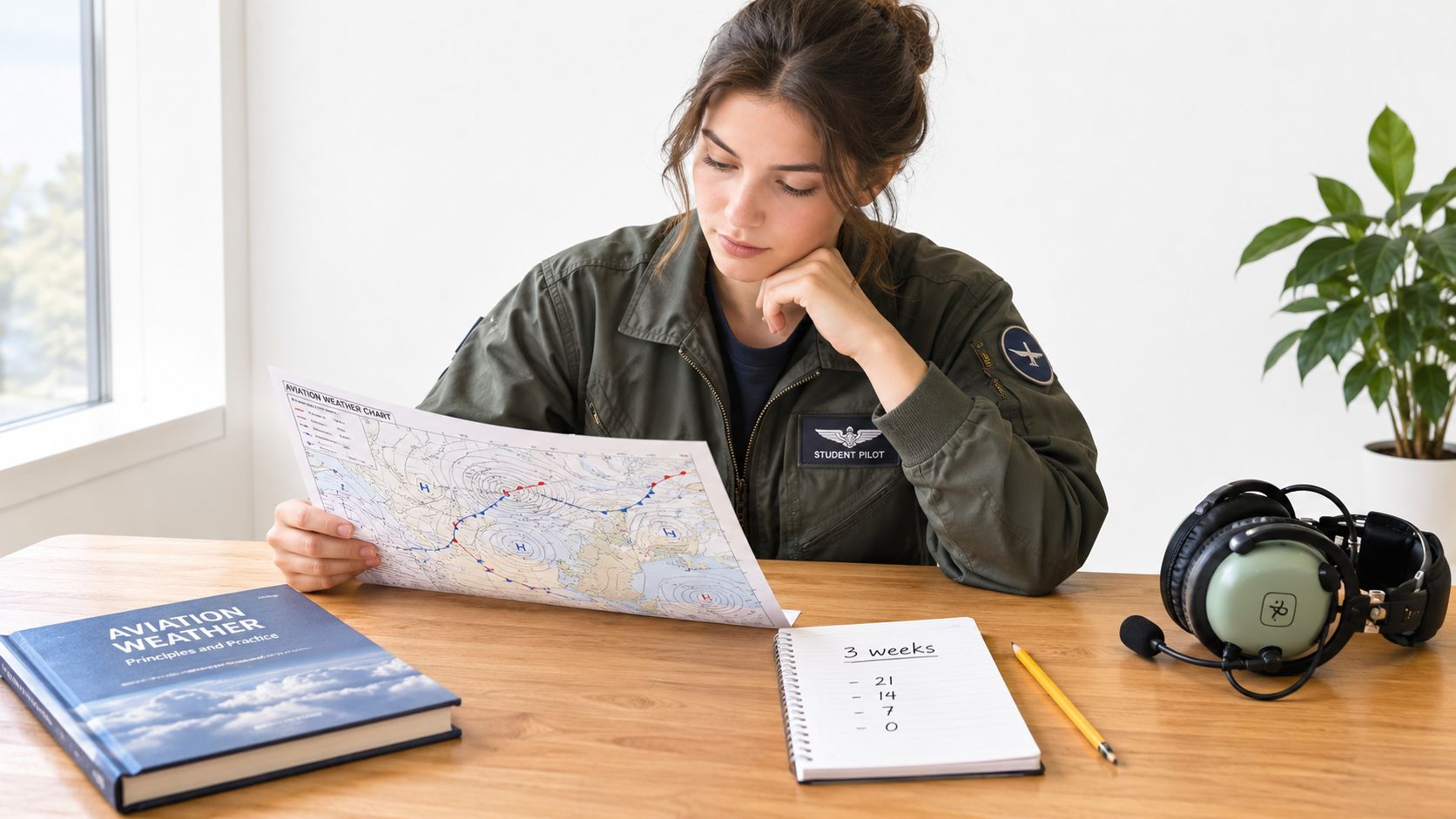 A student pilot studies an aviation weather map at a wooden desk with a textbook and headset.