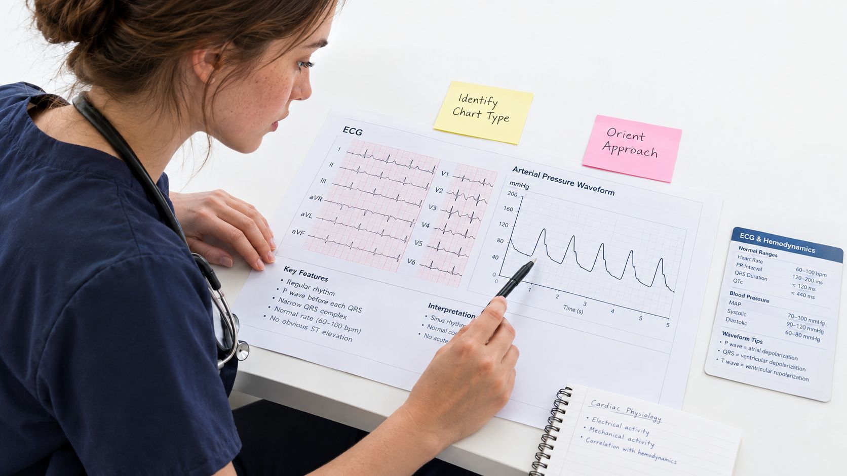 A healthcare professional analyzing an ECG report and arterial pressure waveform during medical studies.