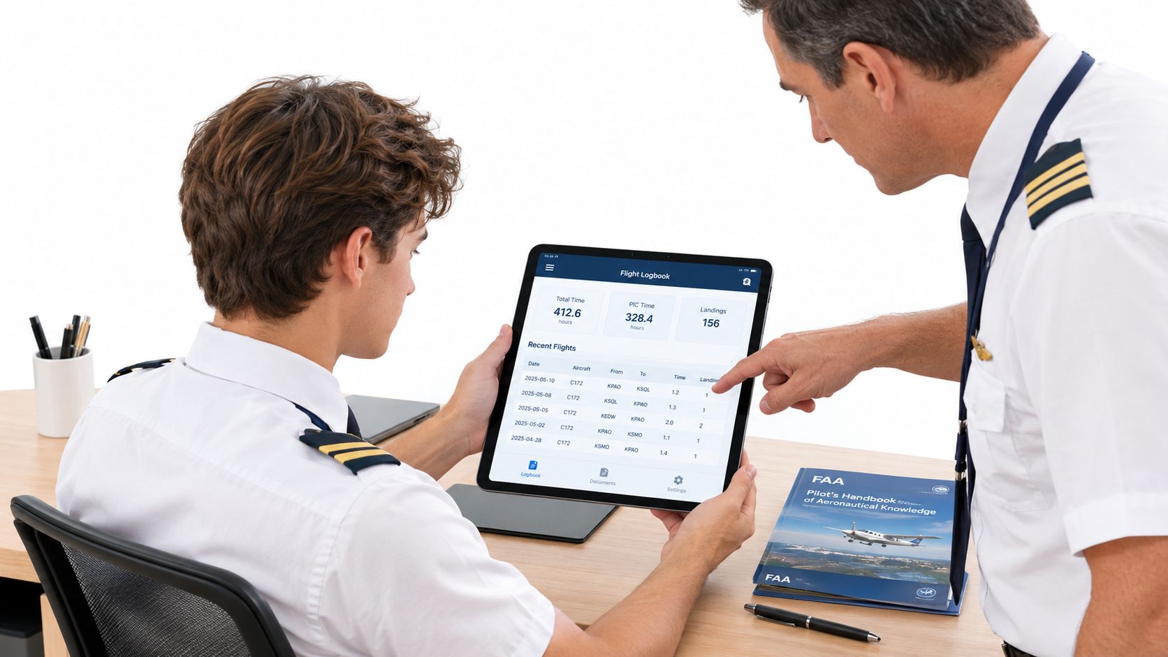 A flight instructor guiding a young pilot as they review flight logs on a tablet computer.
