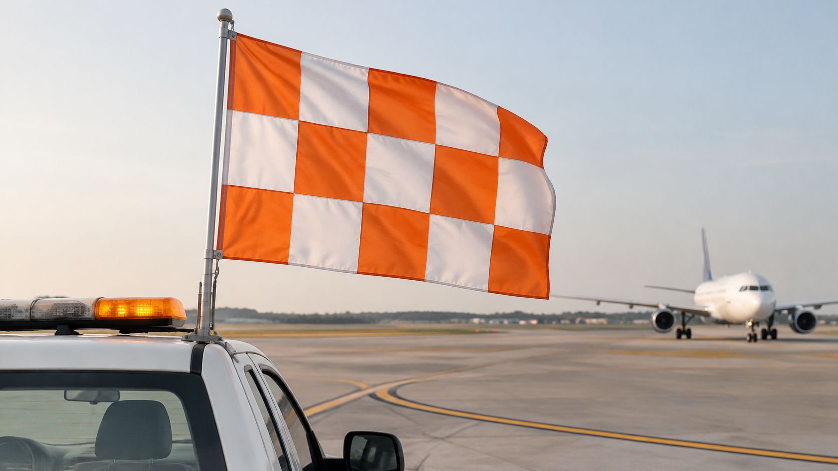 An airport safety vehicle with a checkered orange and white flag parked near an airplane on tarmac.