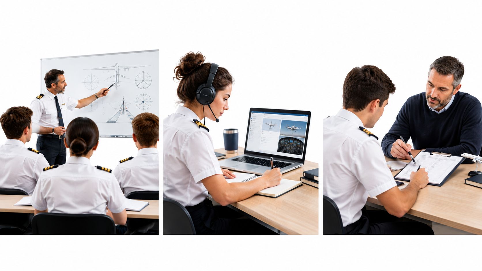 A composite image showing student pilots attending ground school lessons with instructors using whiteboards and computers.