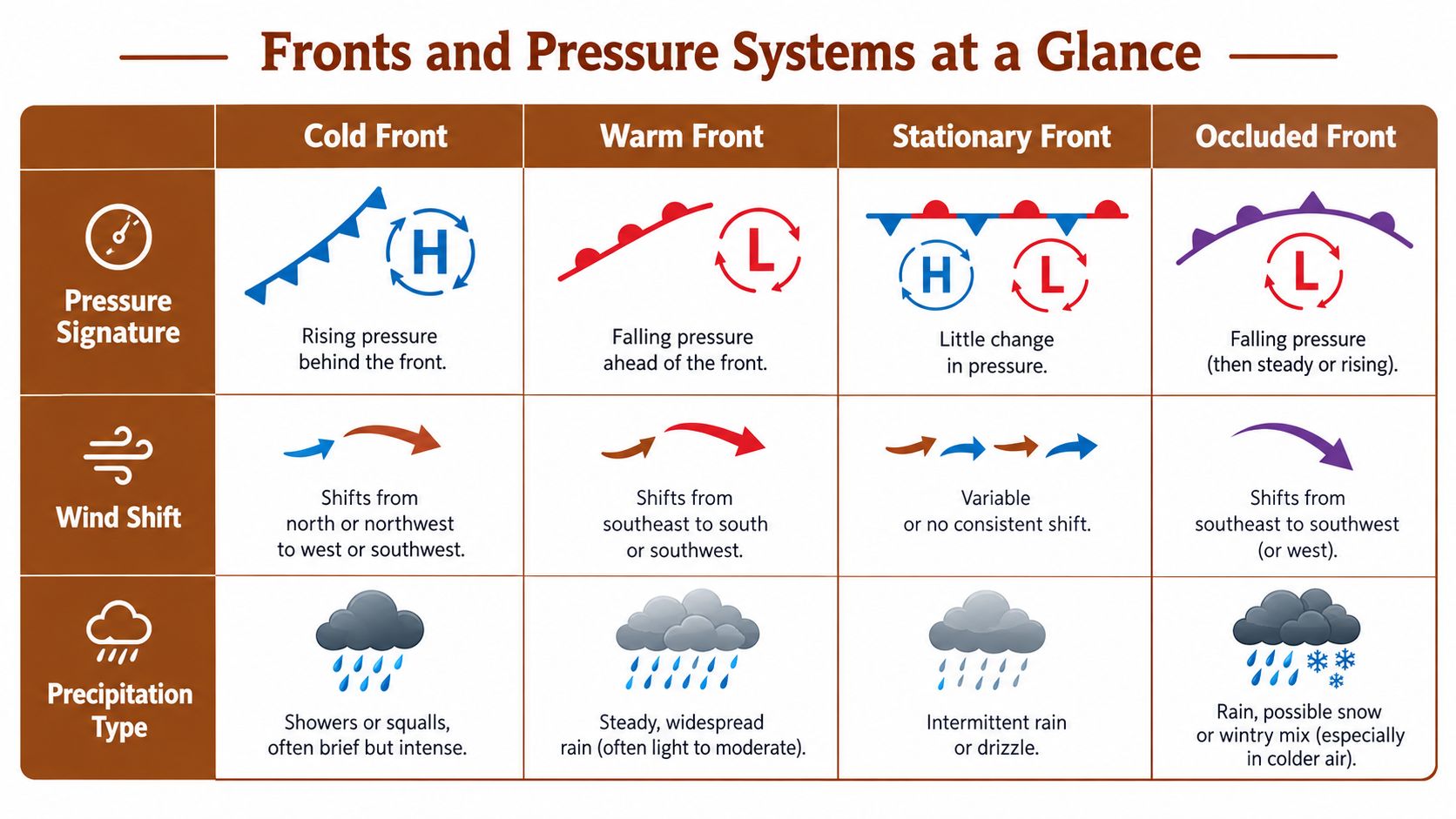 A chart detailing meteorological characteristics including pressure, wind shifts, and precipitation types for four different weather fronts.