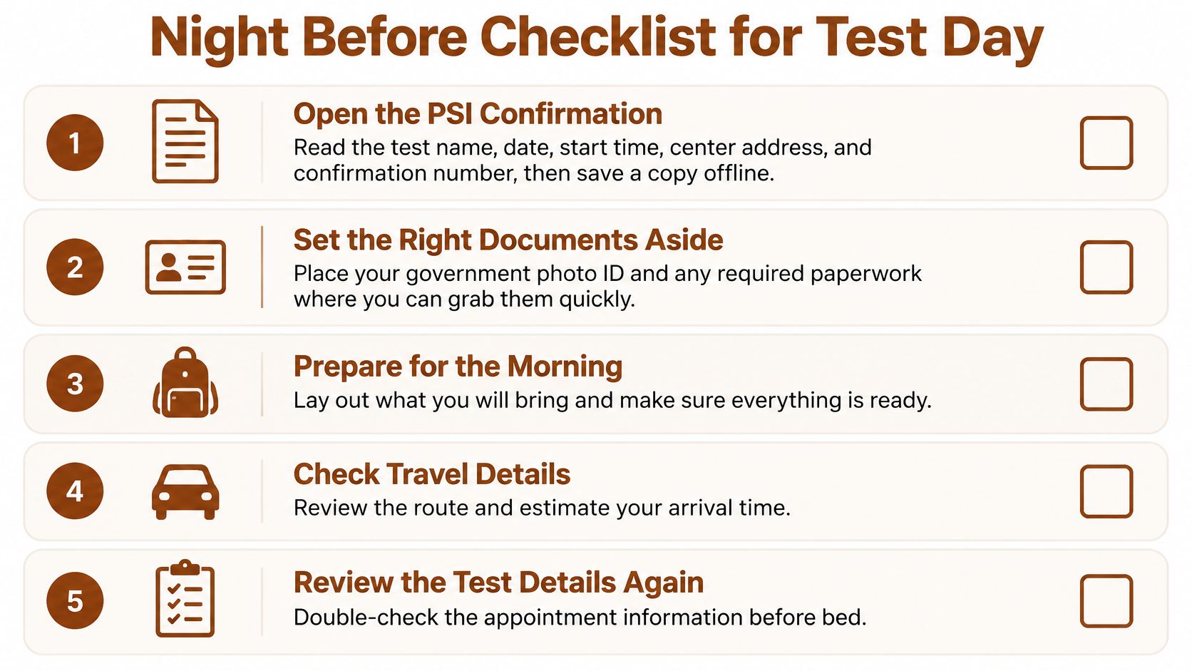 A five-step checklist for test day preparation to help candidates organize documents, travel plans, and appointment details.