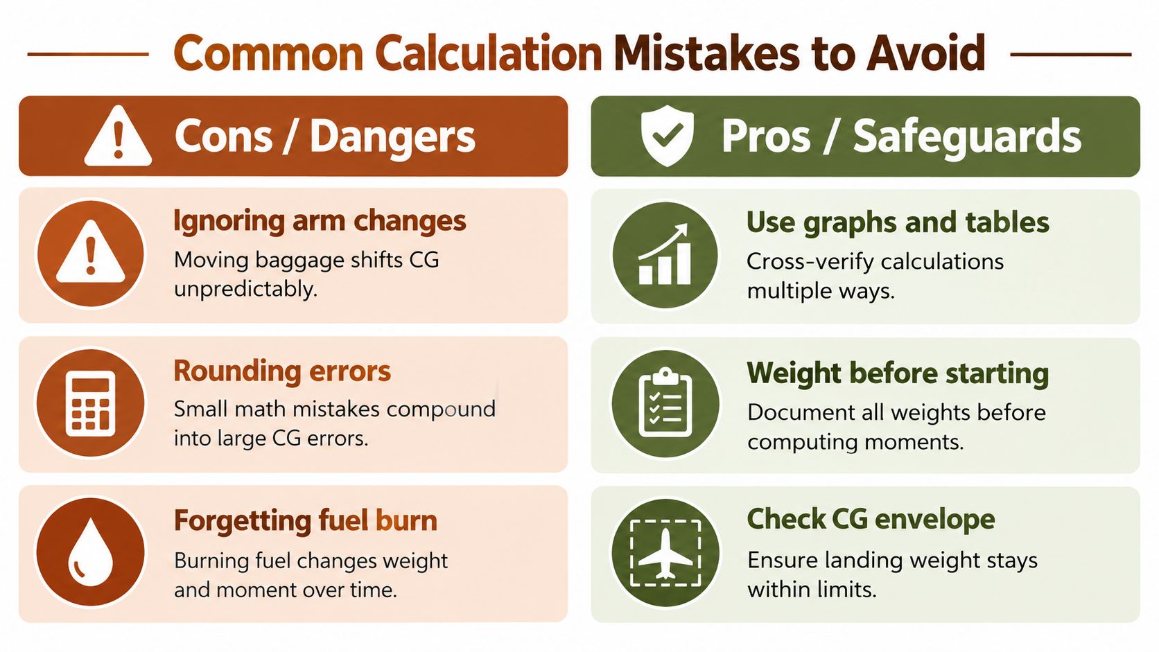 A chart illustrating common aviation weight and balance calculation mistakes to avoid alongside helpful safeguards for pilots.