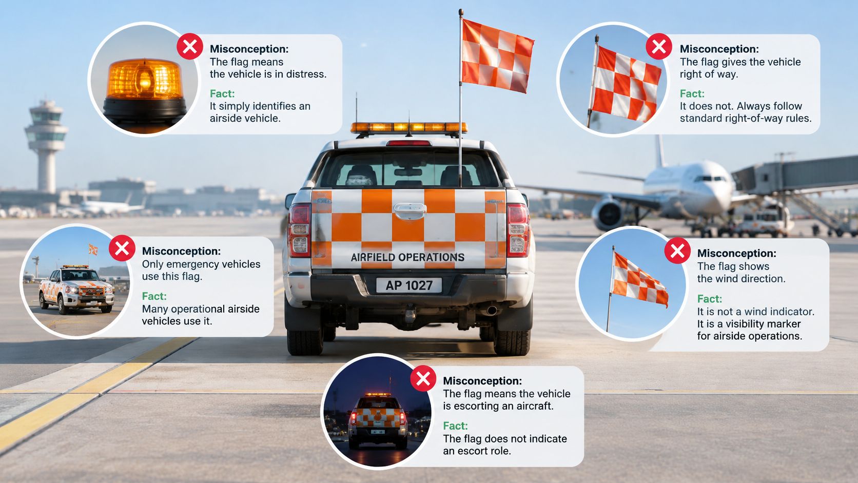 An infographic showing an airfield operations vehicle with common misconceptions about safety lights and checkered flags.