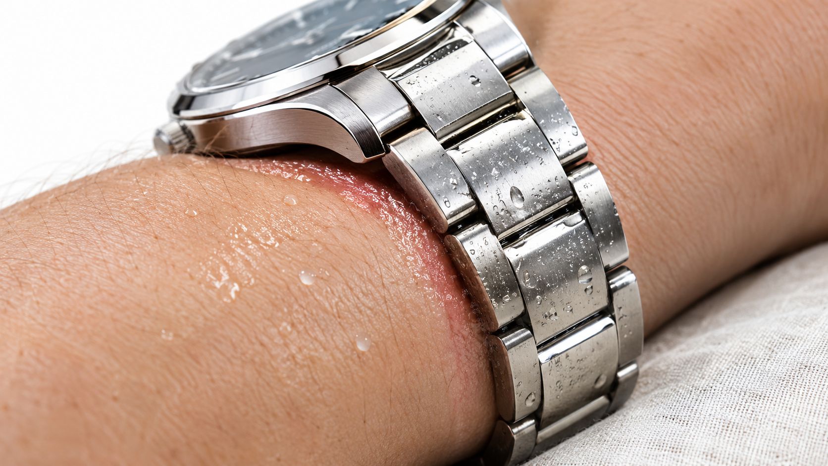 A close-up view of a red skin rash developing on a wrist under a metal watch band.