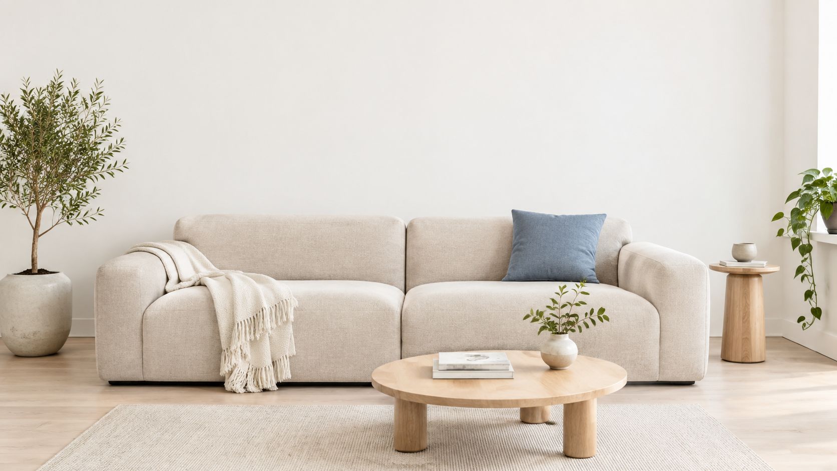 A minimalist living room featuring a cozy beige sofa, wooden coffee table, and indoor plants on light flooring.