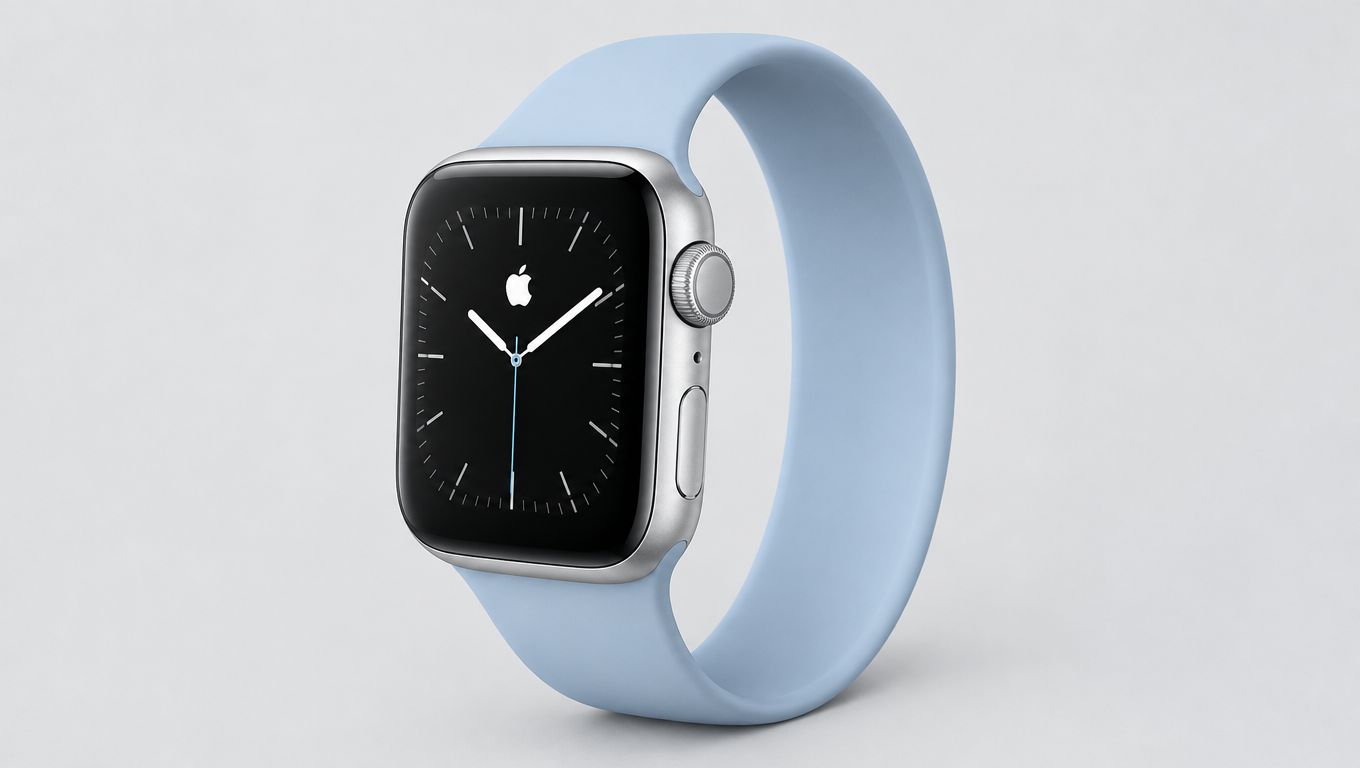 A product shot of an Apple Watch with a light blue Solo Loop band on a minimalist background.
