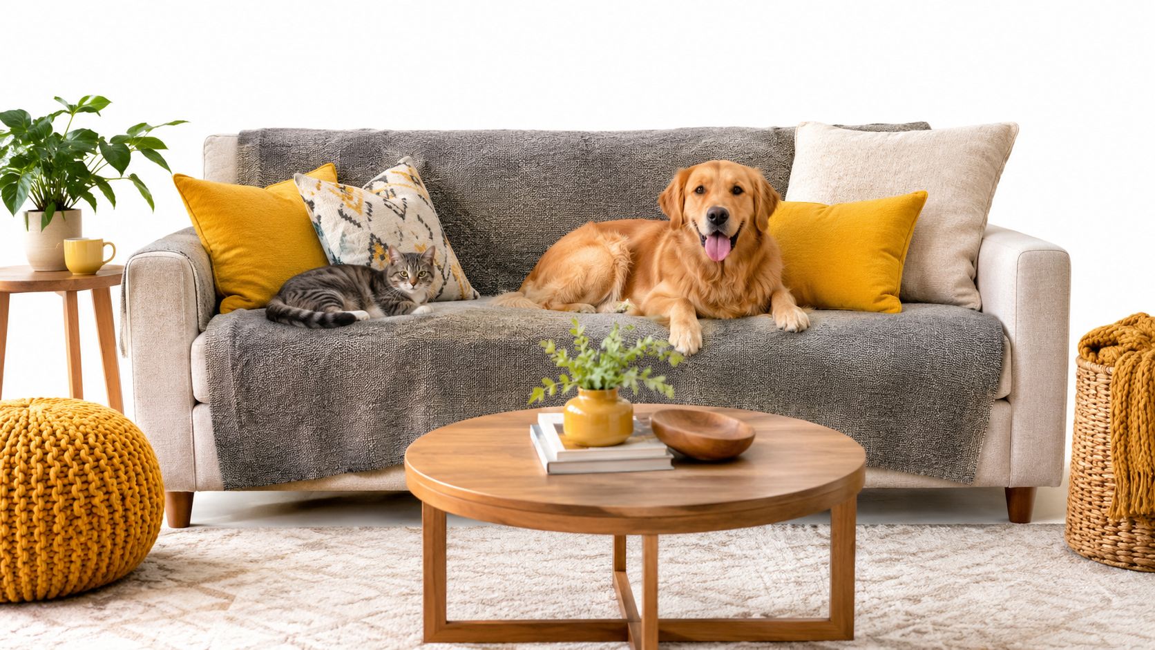 A golden retriever and a tabby cat sitting together comfortably on a gray throw blanketed sofa.