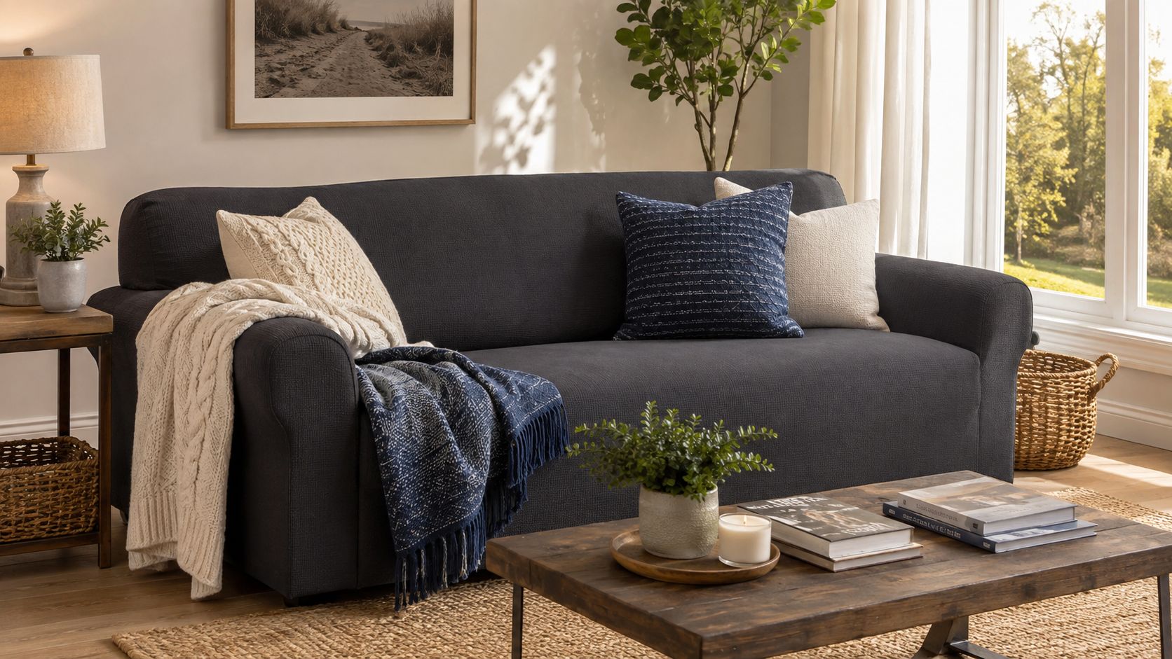 A cozy living room featuring a dark grey sofa with textured pillows, blankets, and rustic wooden decor elements.