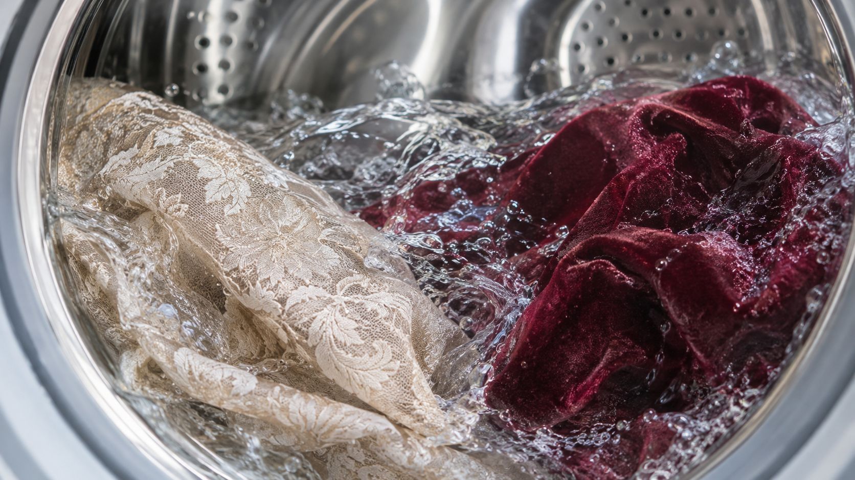 A beige lace garment and a dark red velvet piece soaking in a washing machine drum.