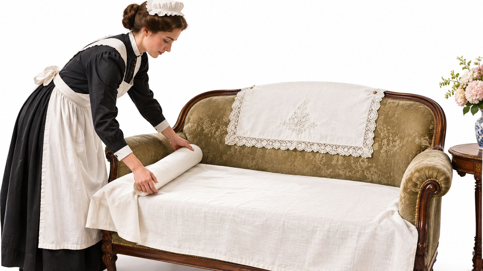 A Victorian-style housemaid carefully smoothing a white protective fabric cover over an ornate vintage green sofa.