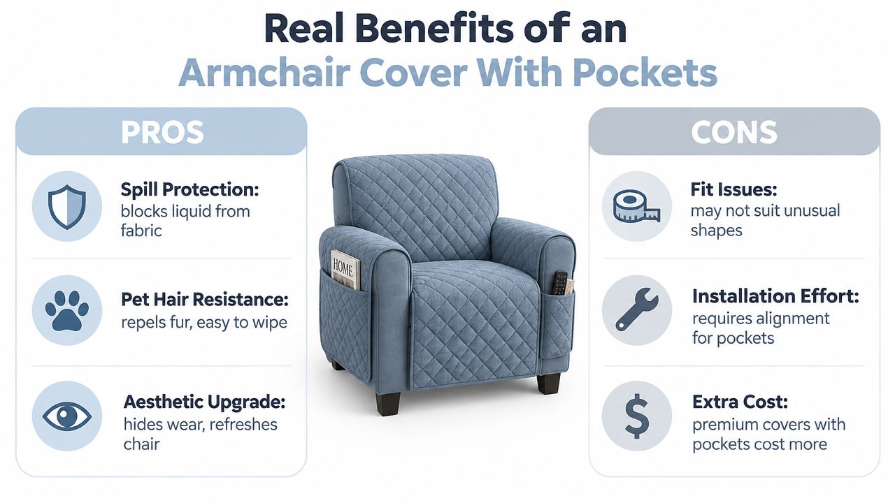 A pros and cons chart for using an armchair cover with side pockets for furniture protection.