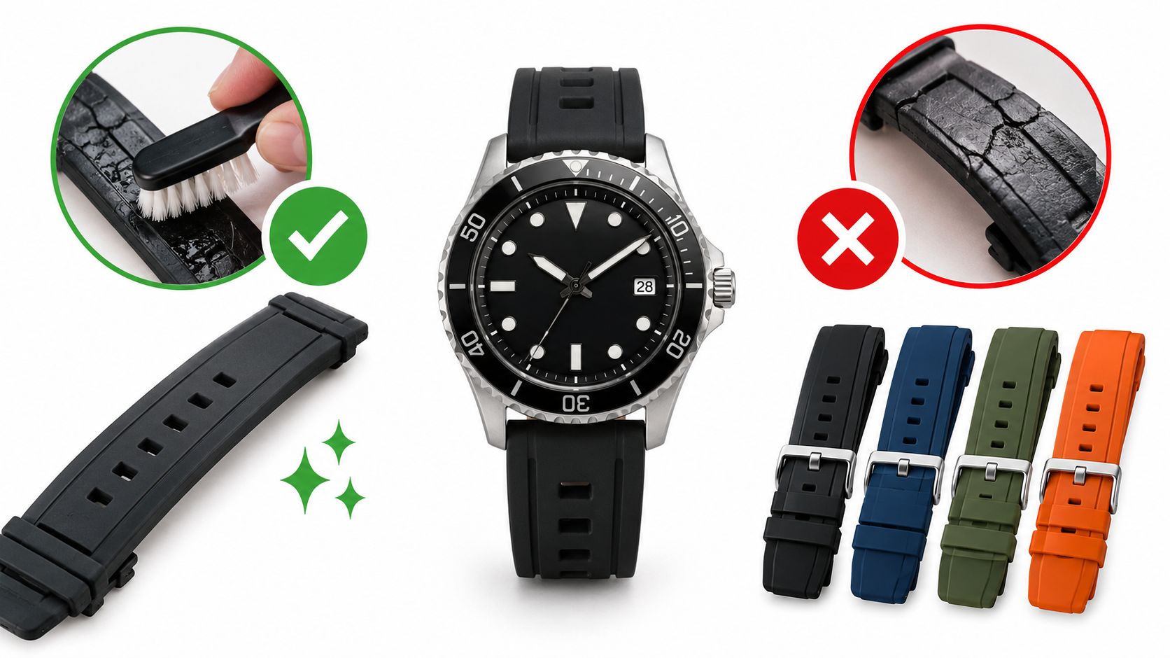 A diagram demonstrating the correct and incorrect ways to maintain a silicone or rubber watch strap.