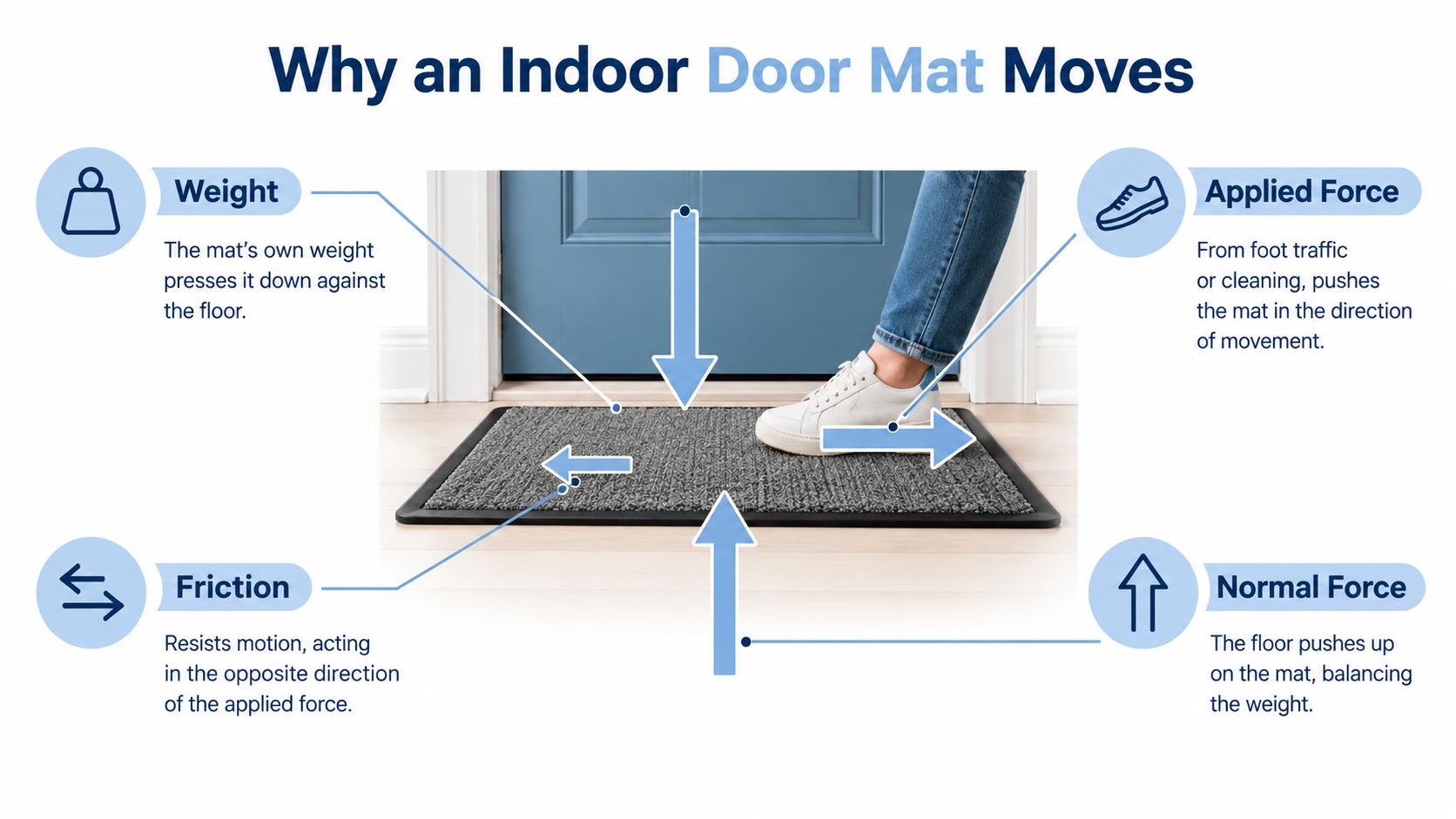 An infographic illustrating the physics of why an indoor door mat moves using force and friction diagrams.