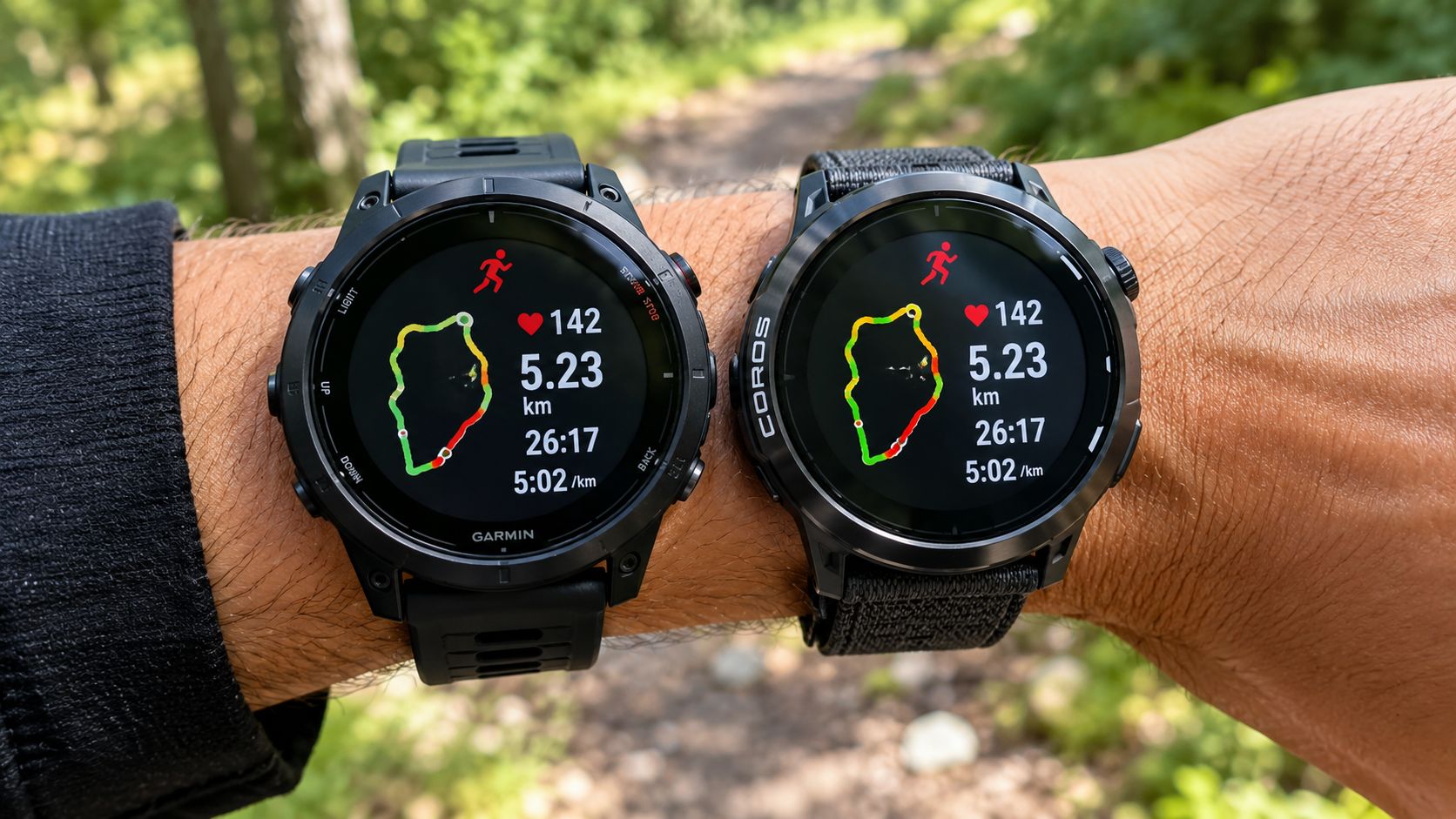 A person wears a Garmin and a Coros GPS watch side by side on their wrist outdoors.