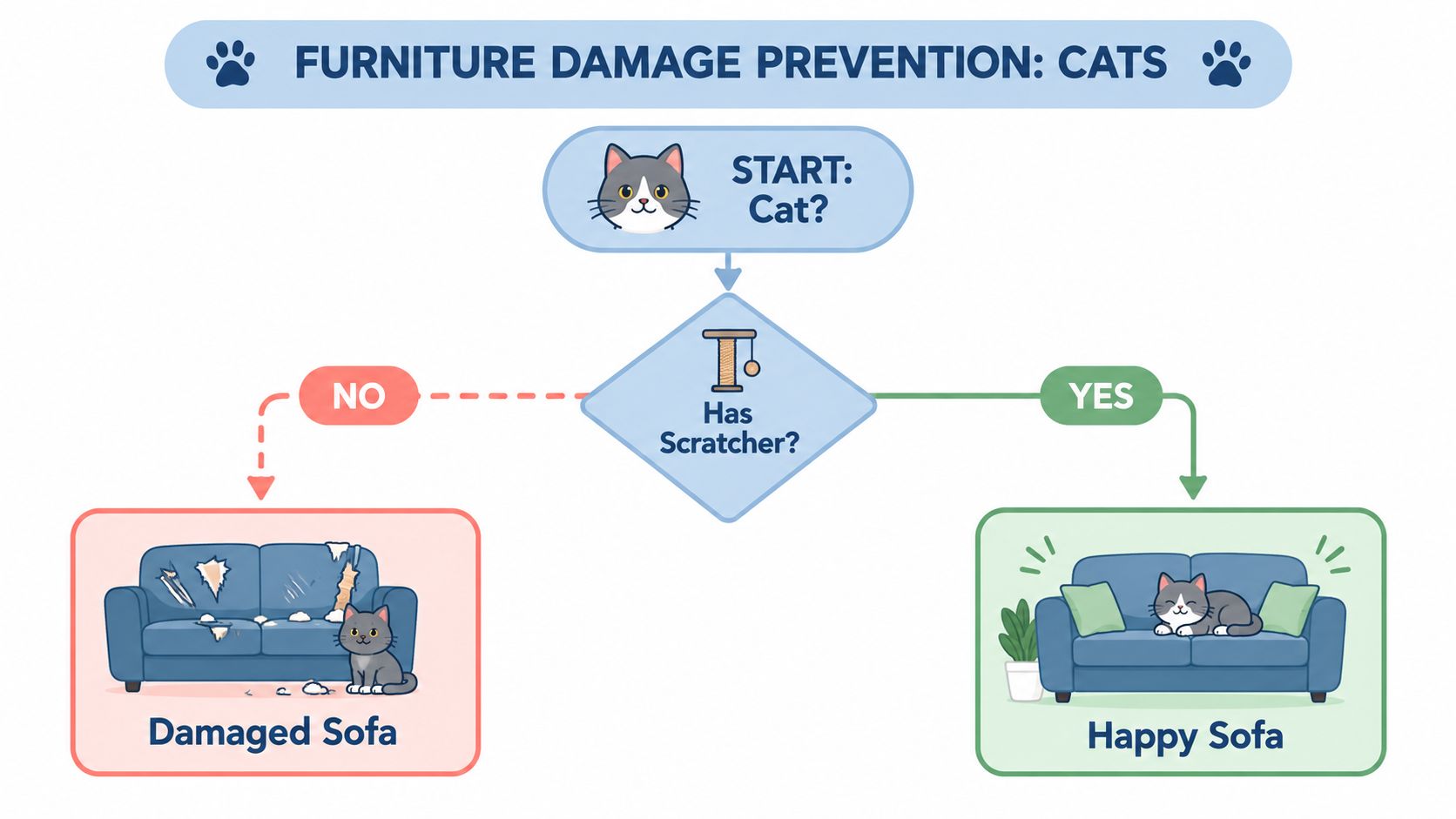 A flowchart showing that a cat with a scratcher results in a happy sofa, but one without leads to a damaged sofa.