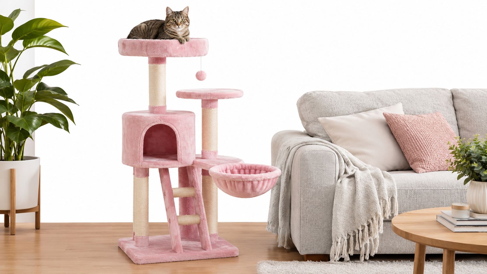 A tabby cat rests on a pink cat tree in a stylish living room with a sofa covered in a chic grey fabric slipcover.