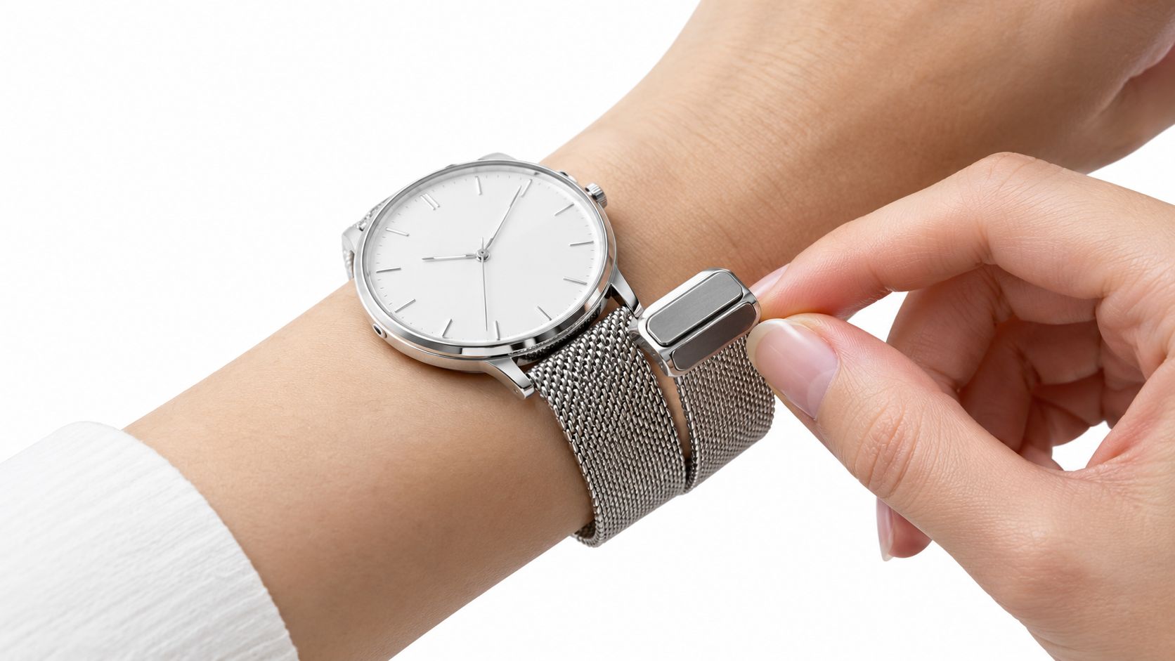A close-up view of a person adjusting a silver mesh watch band on their wrist.