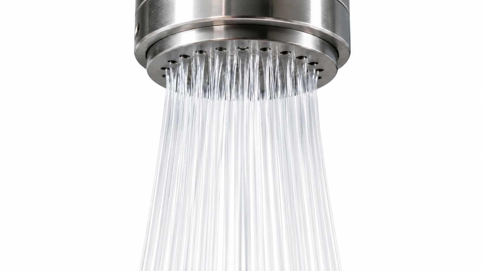 A close-up view of a metal shower head spraying multiple parallel streams of clear water downward.