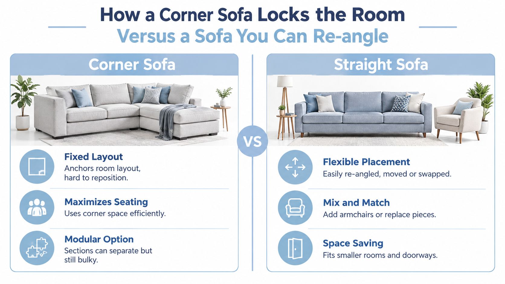A comparison infographic showing the pros and cons of choosing a corner sofa versus a straight sofa.