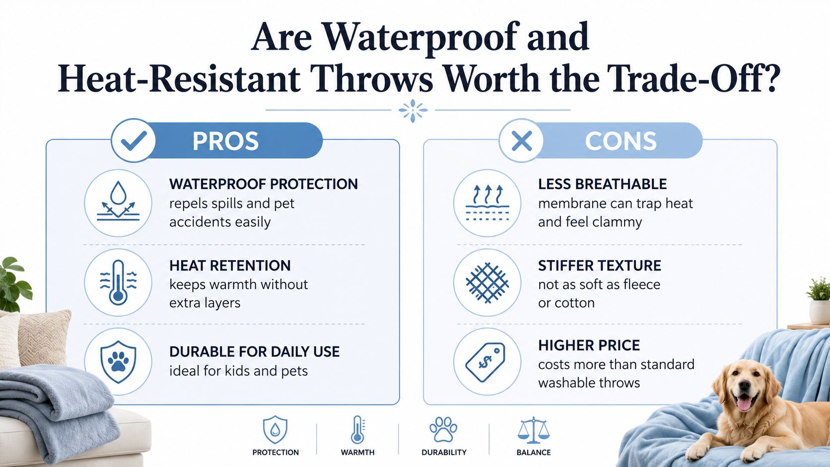 An infographic titled Are Waterproof and Heat-Resistant Throws Worth the Trade-Off showing pros and cons.