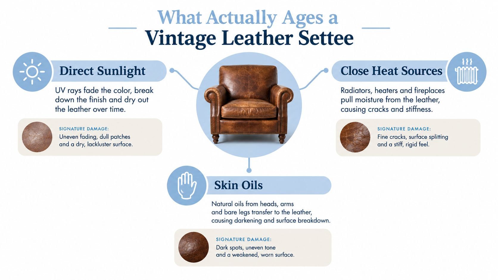 An infographic detailing common factors that age a vintage leather settee, including direct sunlight, heat, and skin oils.
