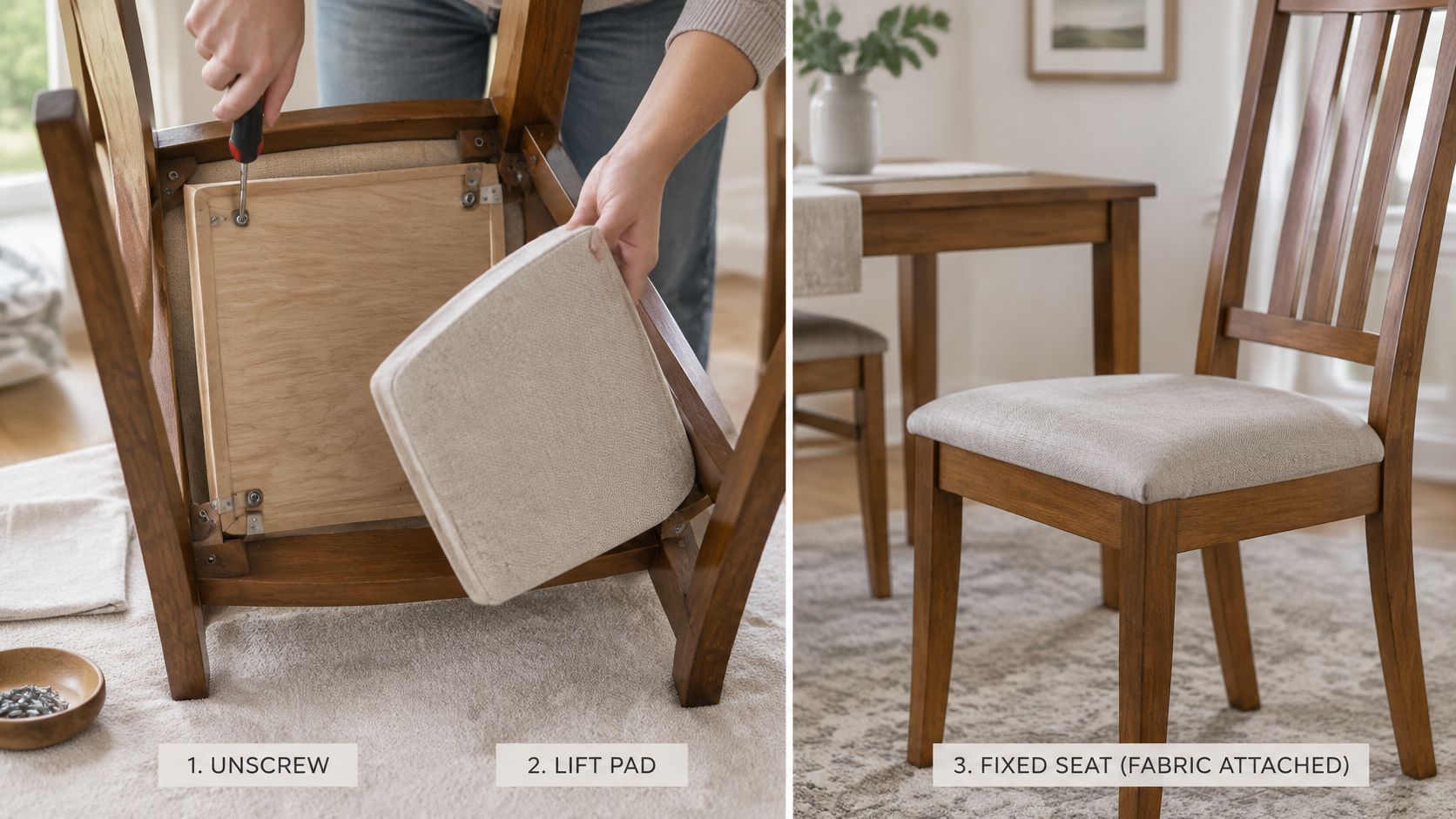 A person demonstrates how to remove and reupholster the seat pad of a wooden dining chair.