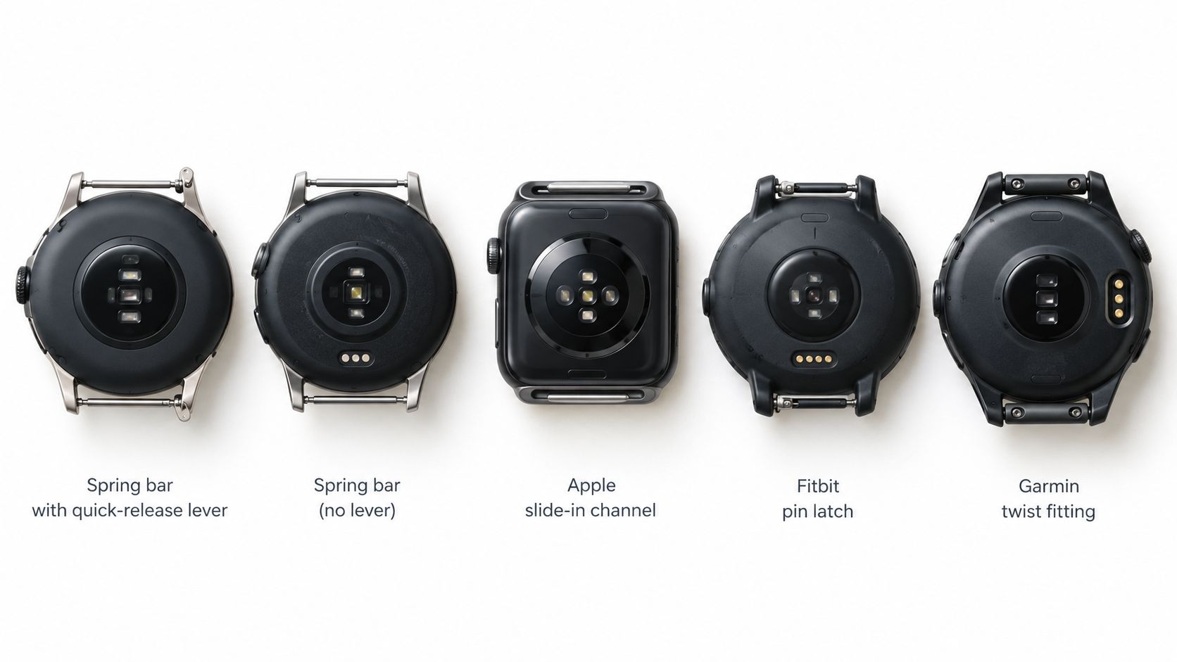 A display of five different smart watch back designs illustrating various strap attachment and locking mechanisms.