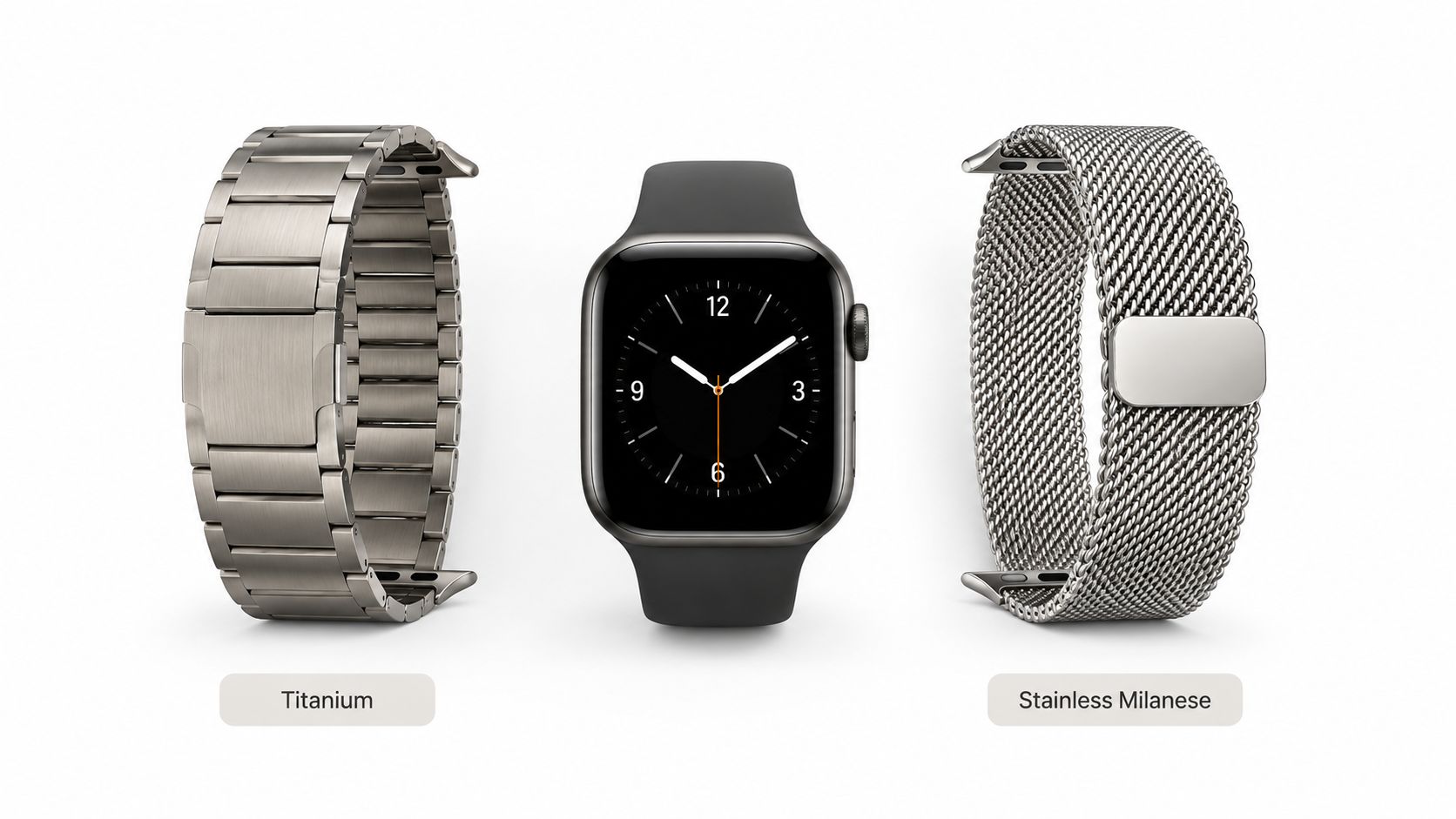 A central Apple Watch with two separate metallic watch bands, titanium and stainless steel Milanese, isolated against white.