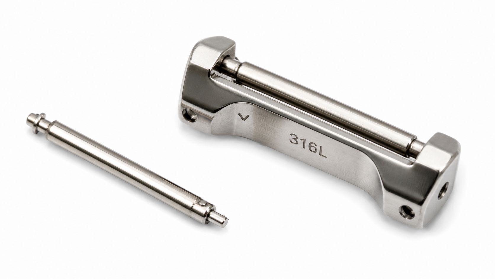 A high-quality stainless steel watch strap adapter with a matching spring bar on a white background.