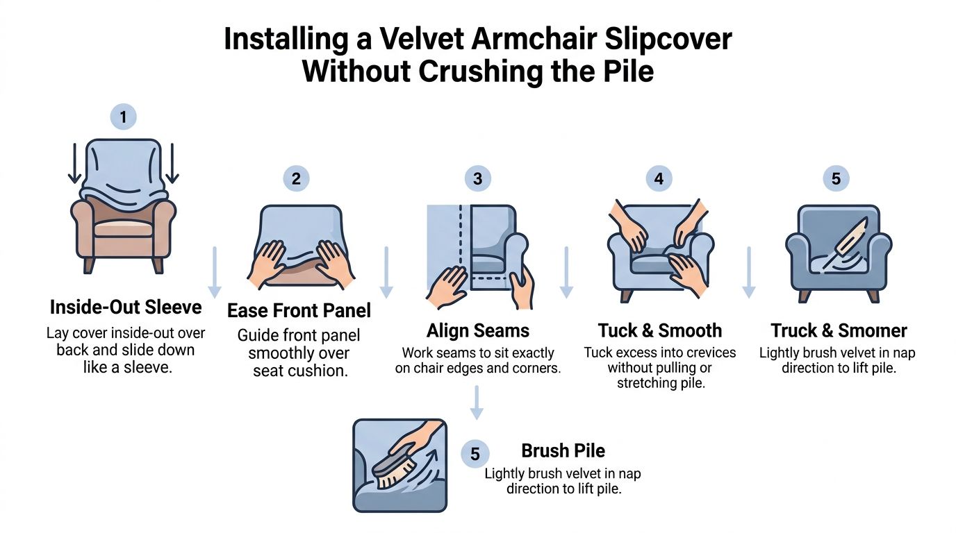 An infographic showing five easy steps for installing a velvet armchair slipcover without crushing the fabric pile.
