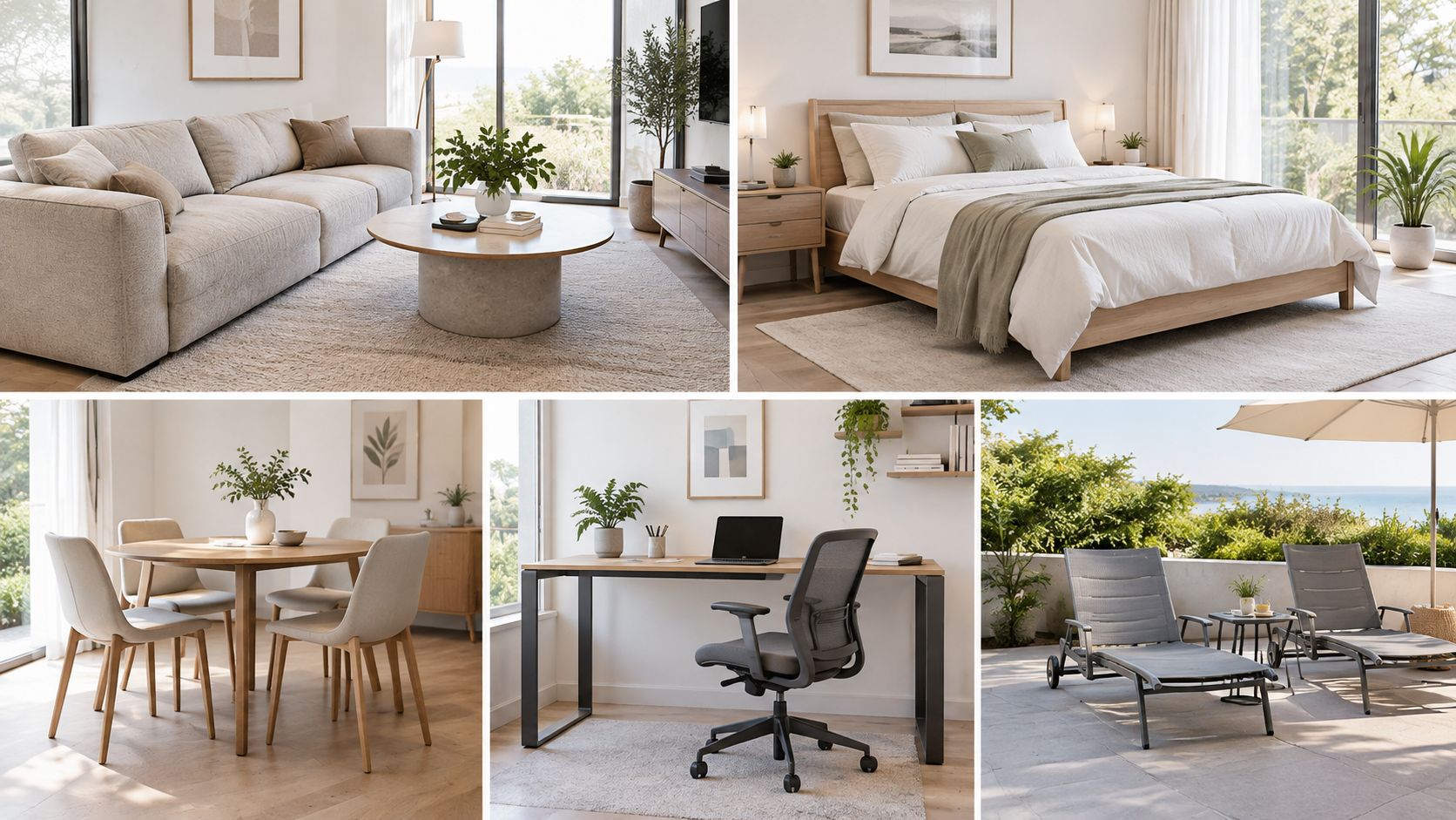 A collage showing various rooms in a home featuring low maintenance, modern wooden furniture and neutral decor.