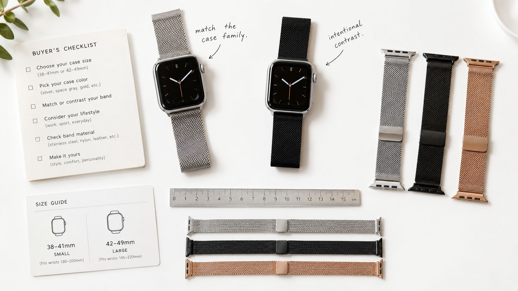 A flat lay image of various Apple Watch metal bands, a sizing guide, and a checklist for buyers.