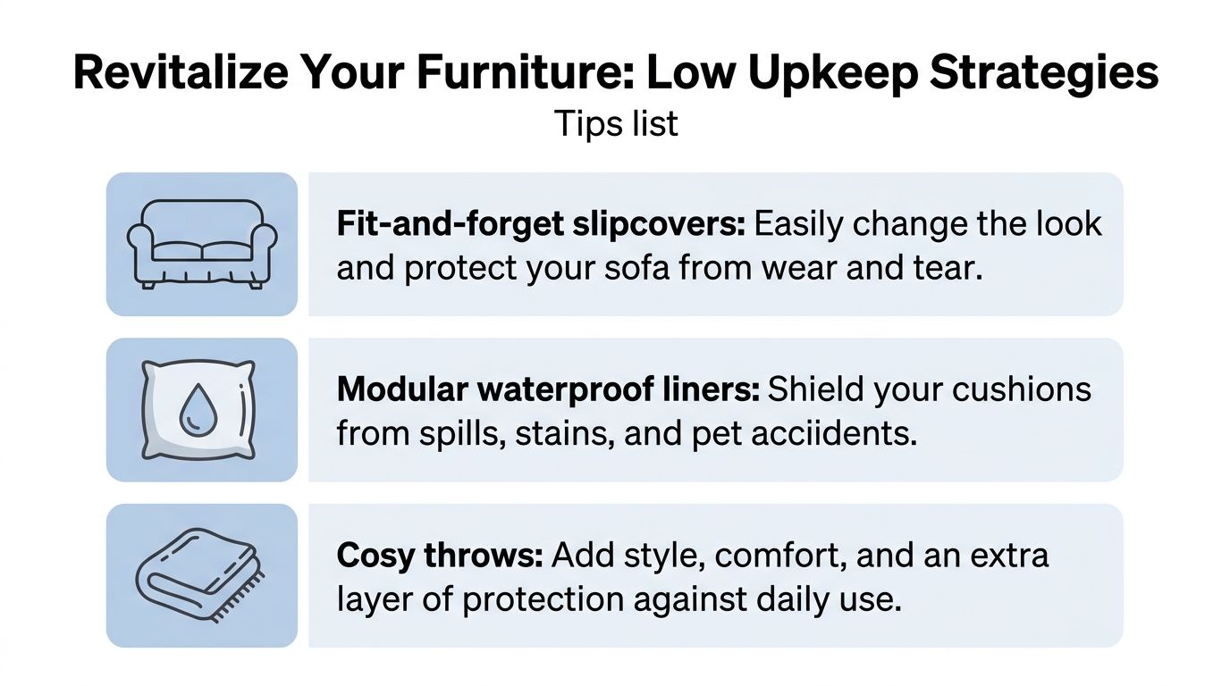 An infographic displaying three low maintenance furniture strategies featuring slipcovers, waterproof liners, and cozy throws.