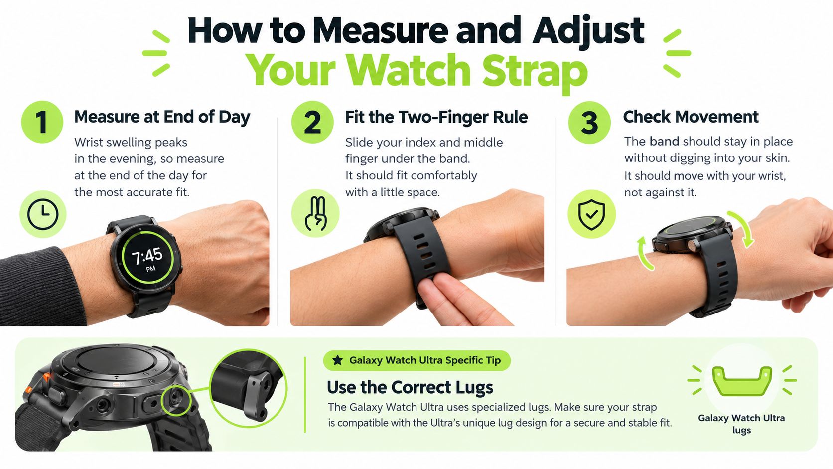 An infographic showing three steps to measure and adjust a comfortable watch strap on a wrist.
