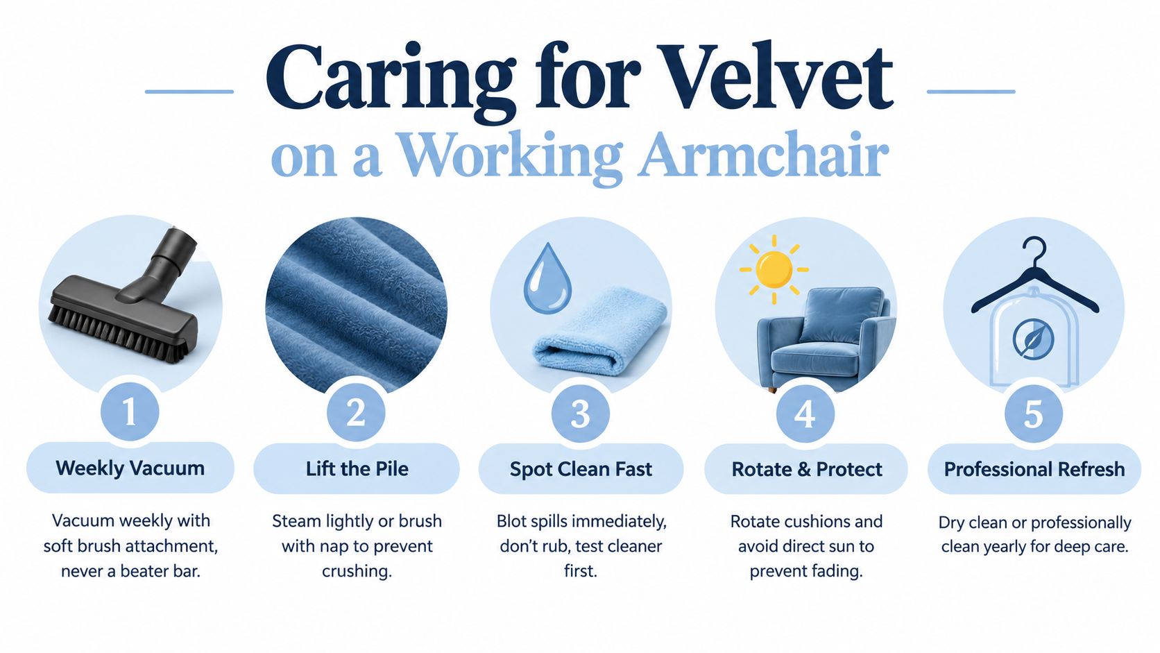A five-step guide illustration demonstrating how to properly care for velvet on a working armchair.