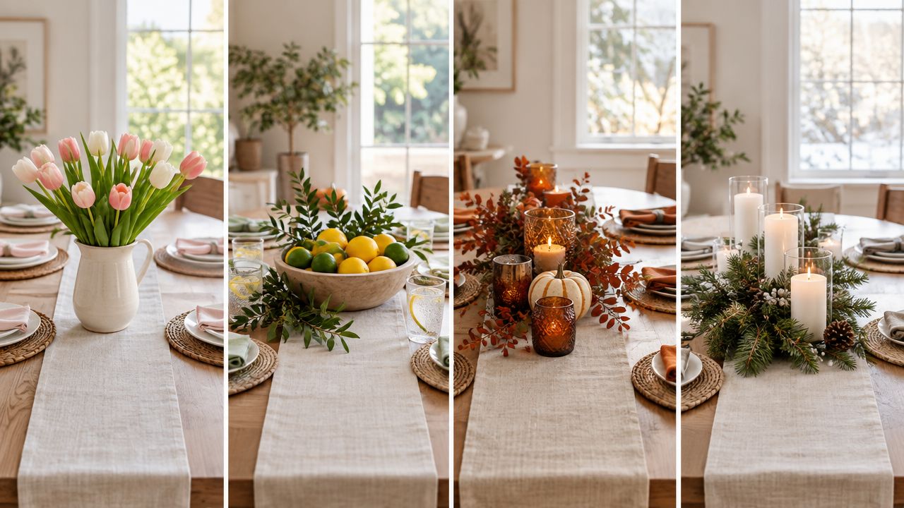 A collage showing four seasonal dining table centerpieces featuring floral arrangements, fruits, pumpkins, and candles on runners.