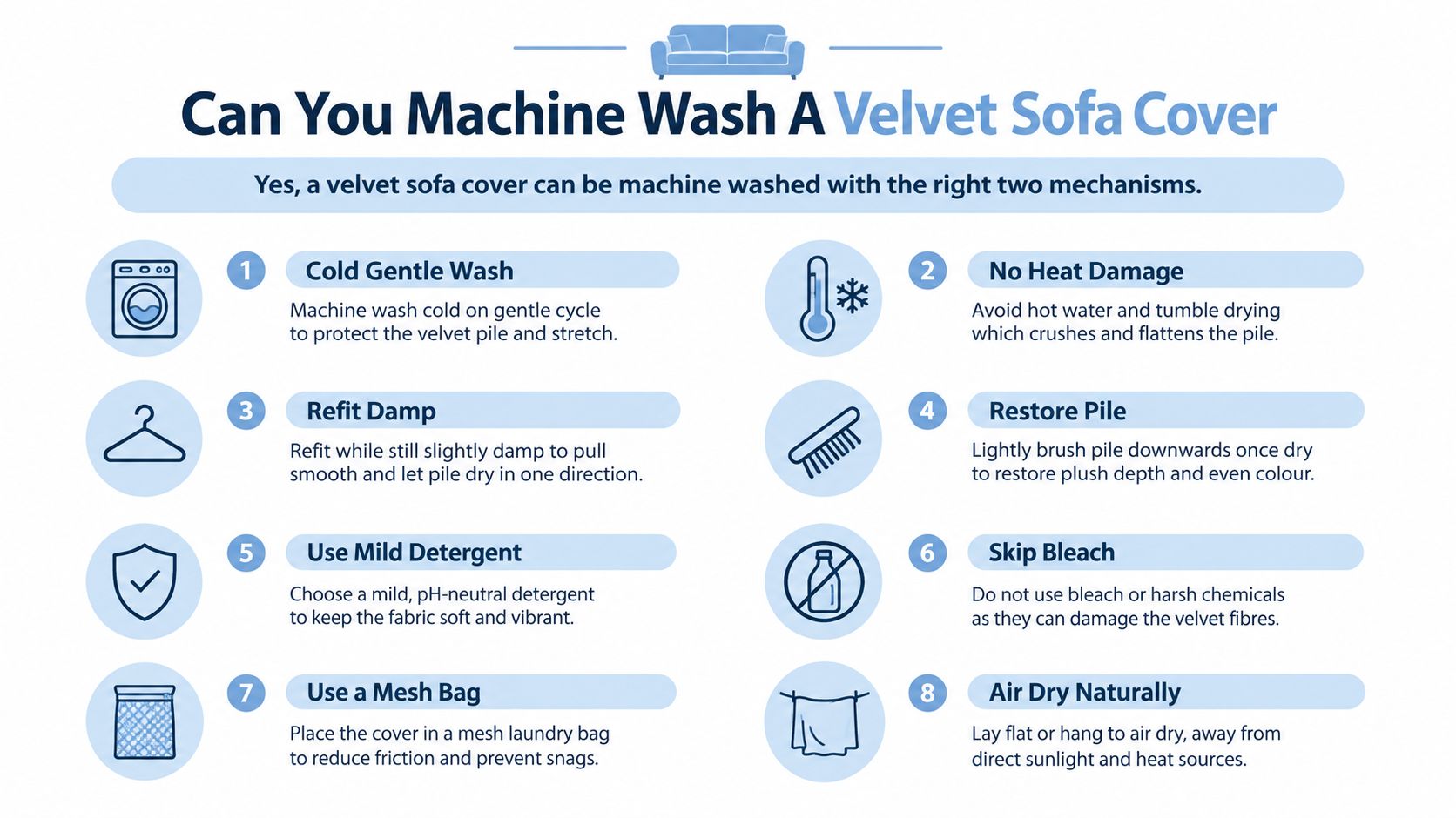 An instructional infographic detailing eight essential steps for machine washing velvet sofa covers safely at home.