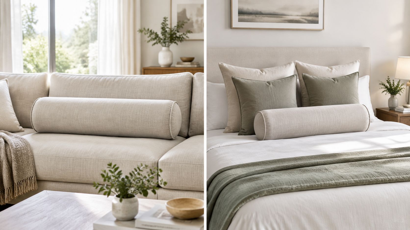 A split-screen view showing large bolster pillows styled on a beige sofa and a neutral colored bed.