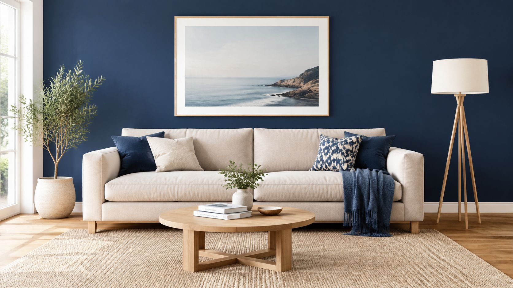 A modern living room with a beige sofa, blue throw pillows, coffee table, and coastal wall art.