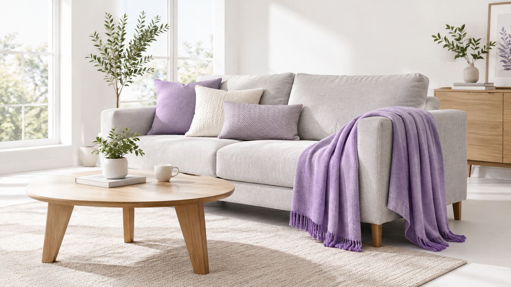 A modern living room with a light gray sofa decorated with purple throw pillows and a purple blanket.