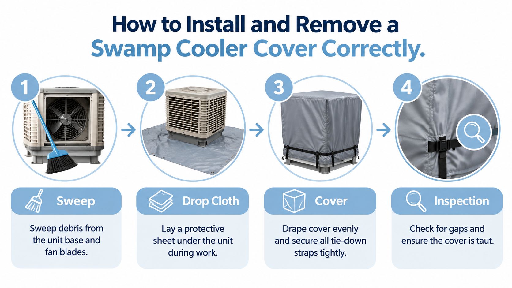 A step-by-step instructional infographic showing how to clean and install a cover on a swamp cooler.