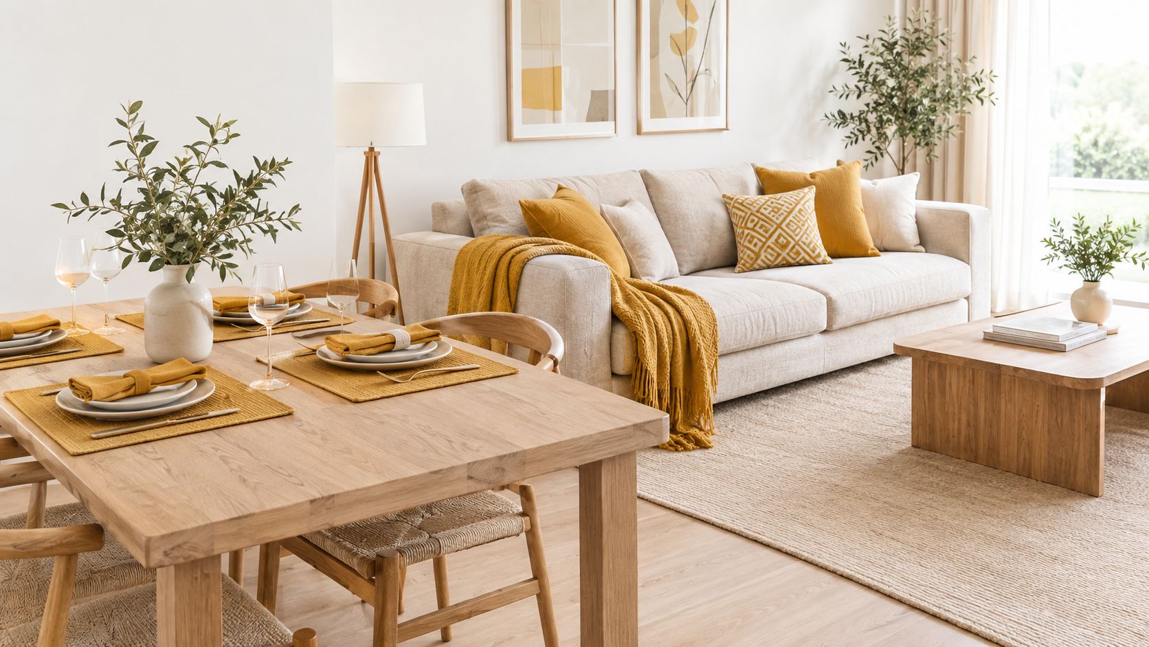 A bright, modern dining room featuring a wooden table set with yellow placemats and a cozy sofa area.