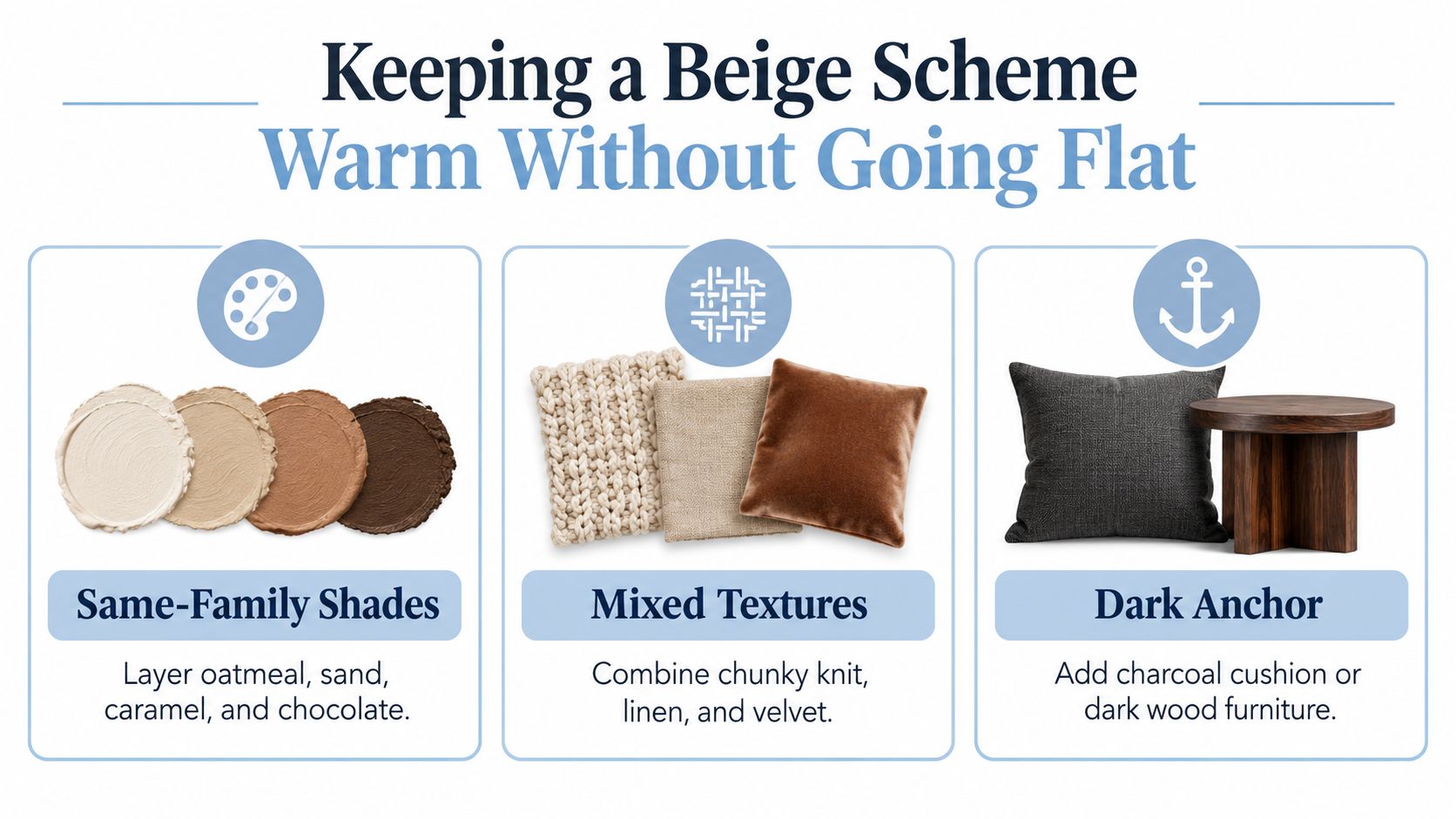 An infographic showing three tips for styling a beige room with shade, texture, and dark accents.