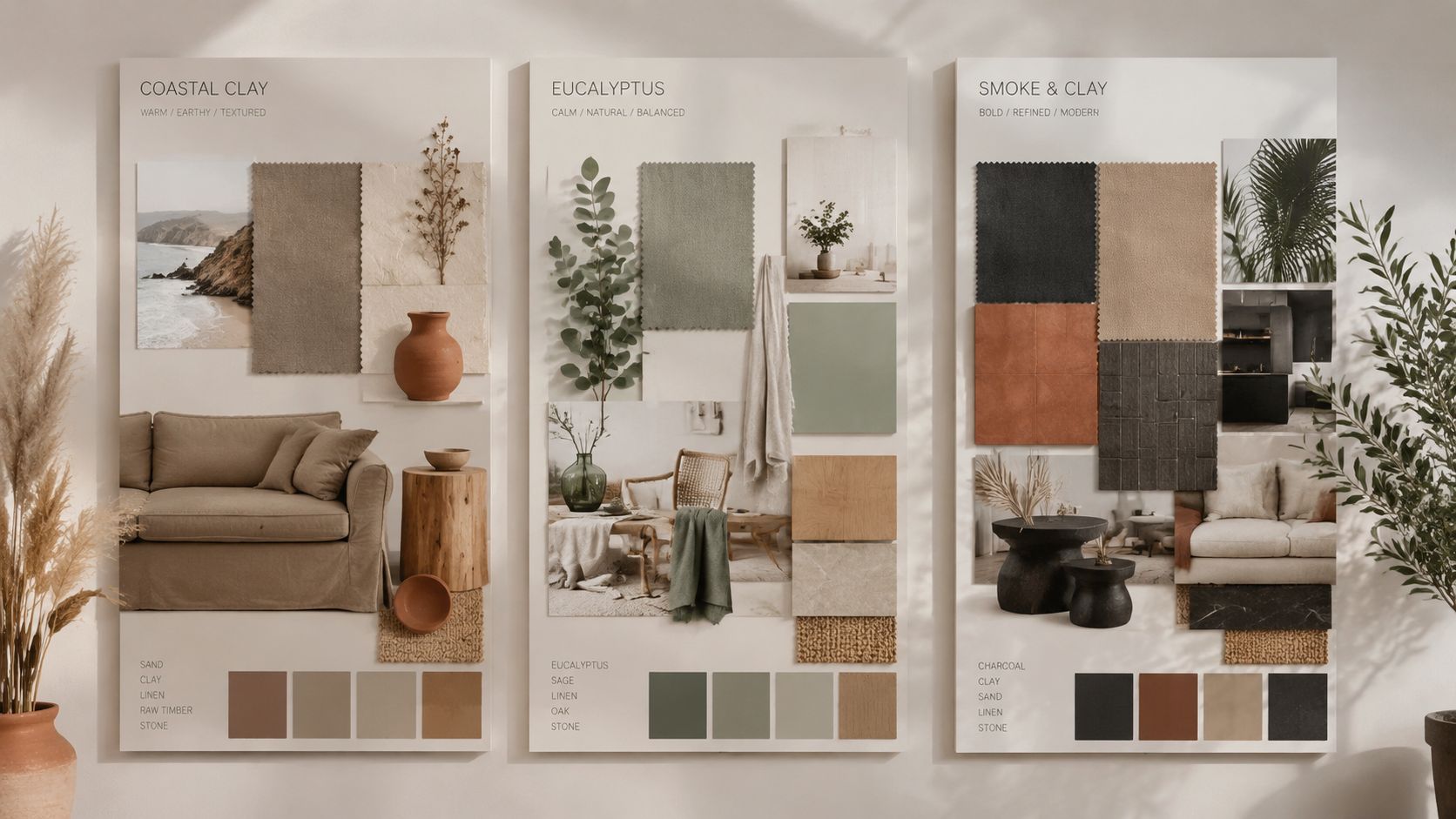 Three design boards displaying color palettes and texture samples for modern Australian interior design projects.