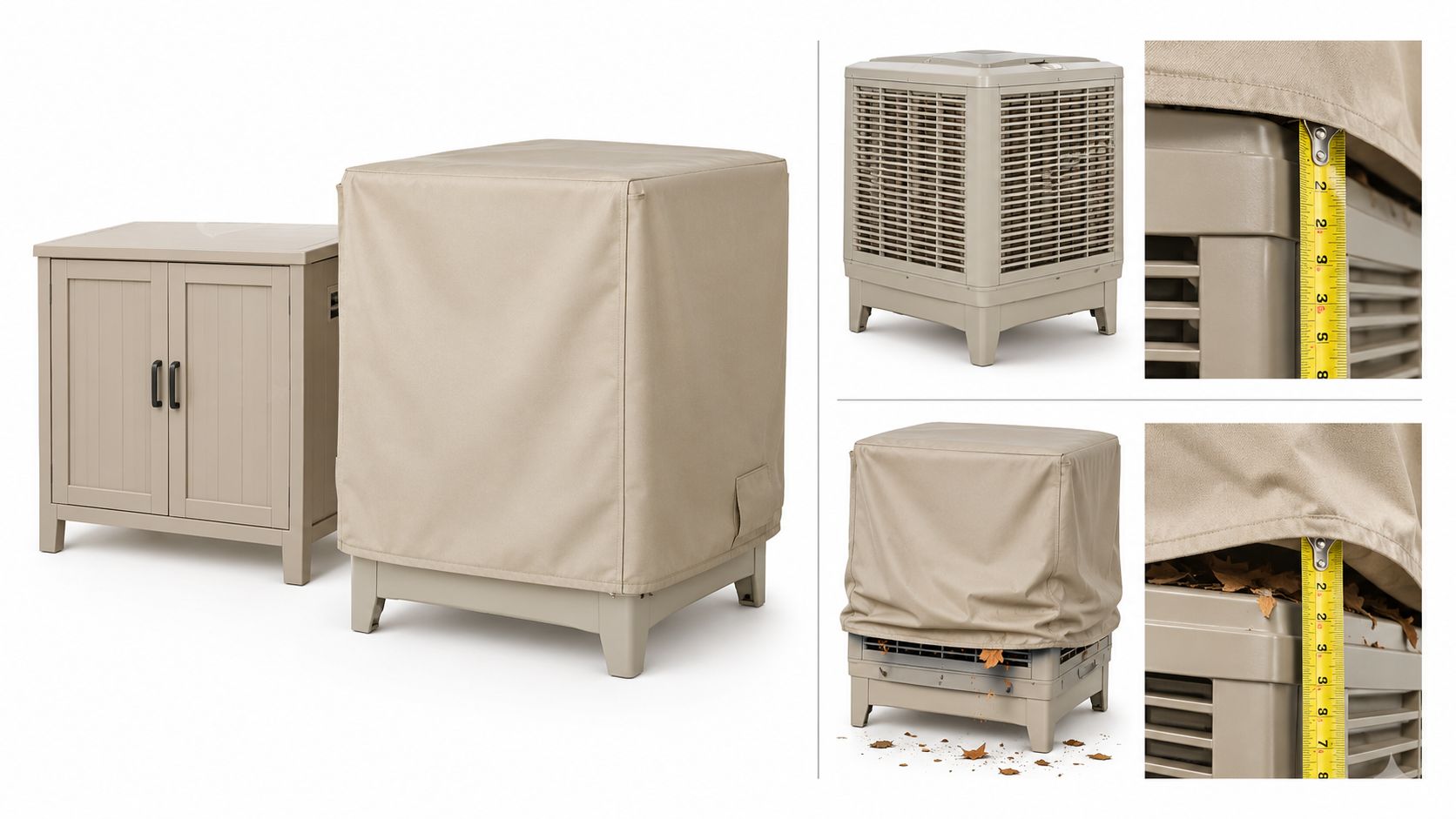 A tan protective cover for an outdoor swamp cooler displayed from multiple angles with measurement details.