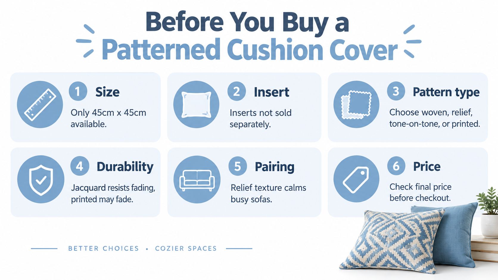 An infographic titled Before You Buy a Patterned Cushion Cover with six tips for shoppers.