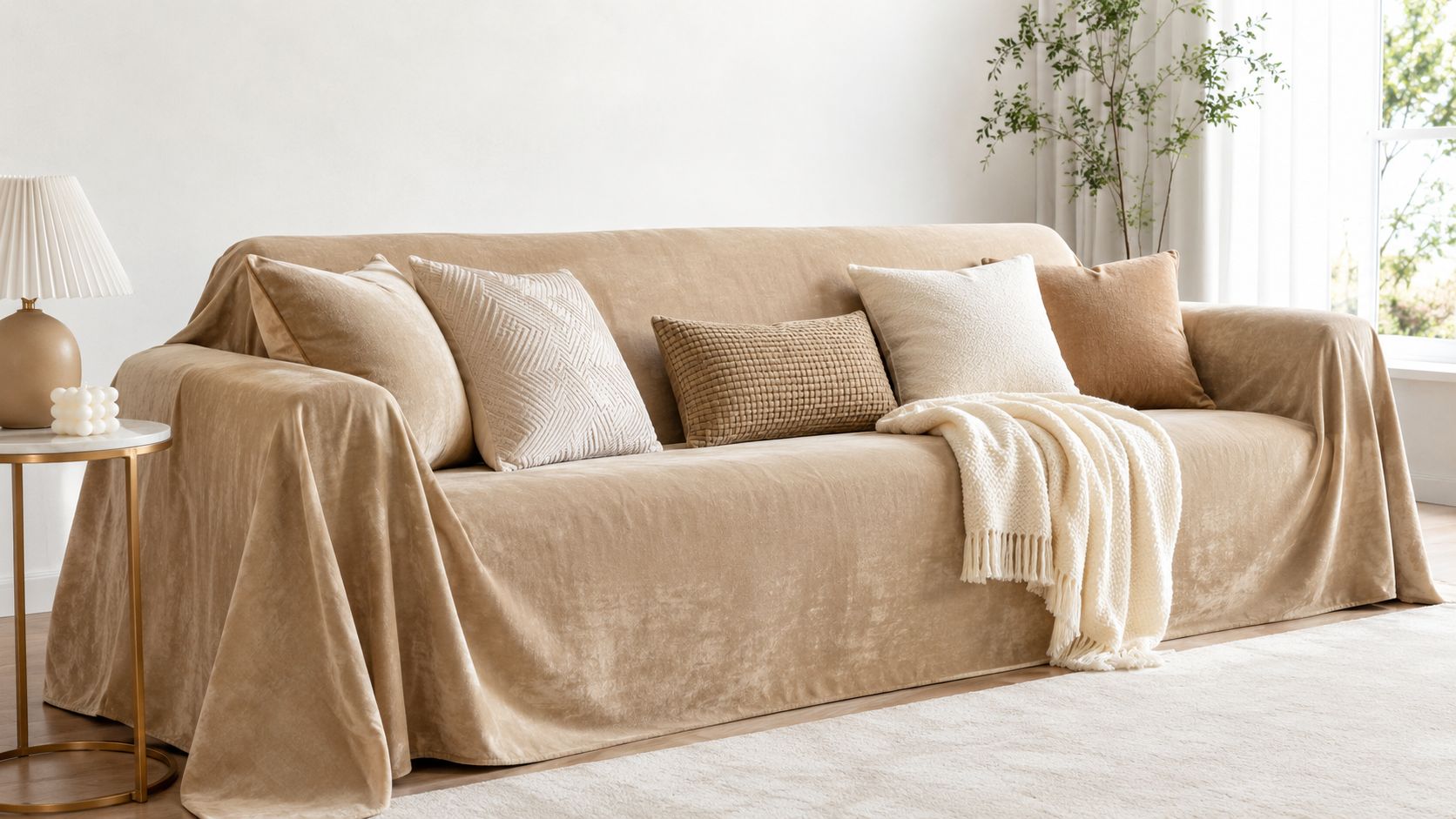 A stylish beige velvet sofa cover on a couch in a sunlit living room, decorated with pillows and a throw blanket.