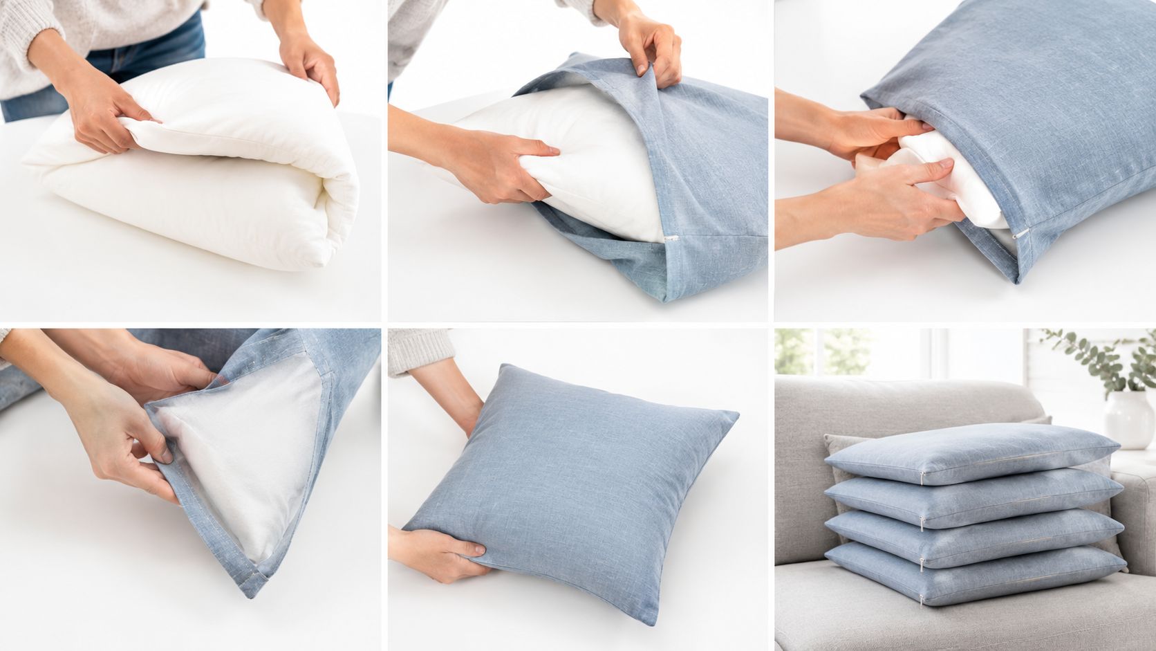 A step-by-step visual guide showing hands putting a pillow insert into a blue linen cushion cover.
